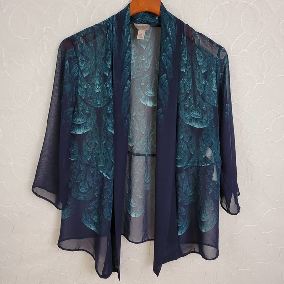 Easywear By Chico's Womens Cardigan Size 1 Blue Sheer Shawl Long Sleeves - Picture 1 of 6